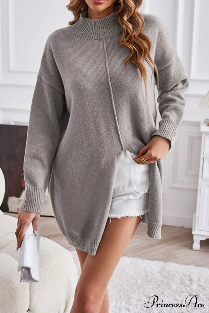 Slit-Front Sweater With Turtleneck Detail Grey / L Sweaters-L