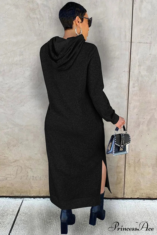 Slit Hem Hoodie Dress Black / L Midi Dresses