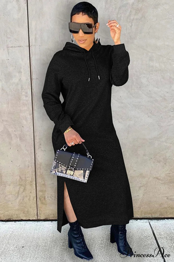 Slit Hem Hoodie Dress Black / M Midi Dresses