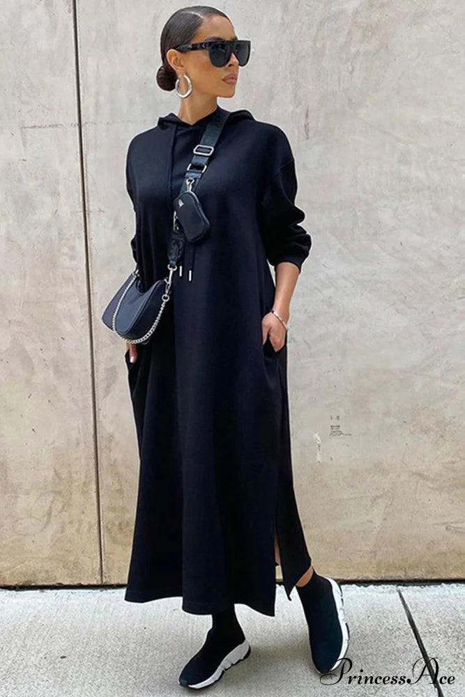 Slit Hem Hoodie Dress Black / S Midi Dresses