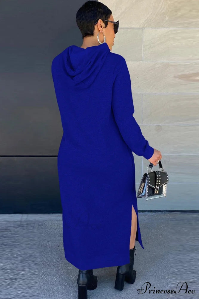 Slit Hem Hoodie Dress Blue / L Midi Dresses