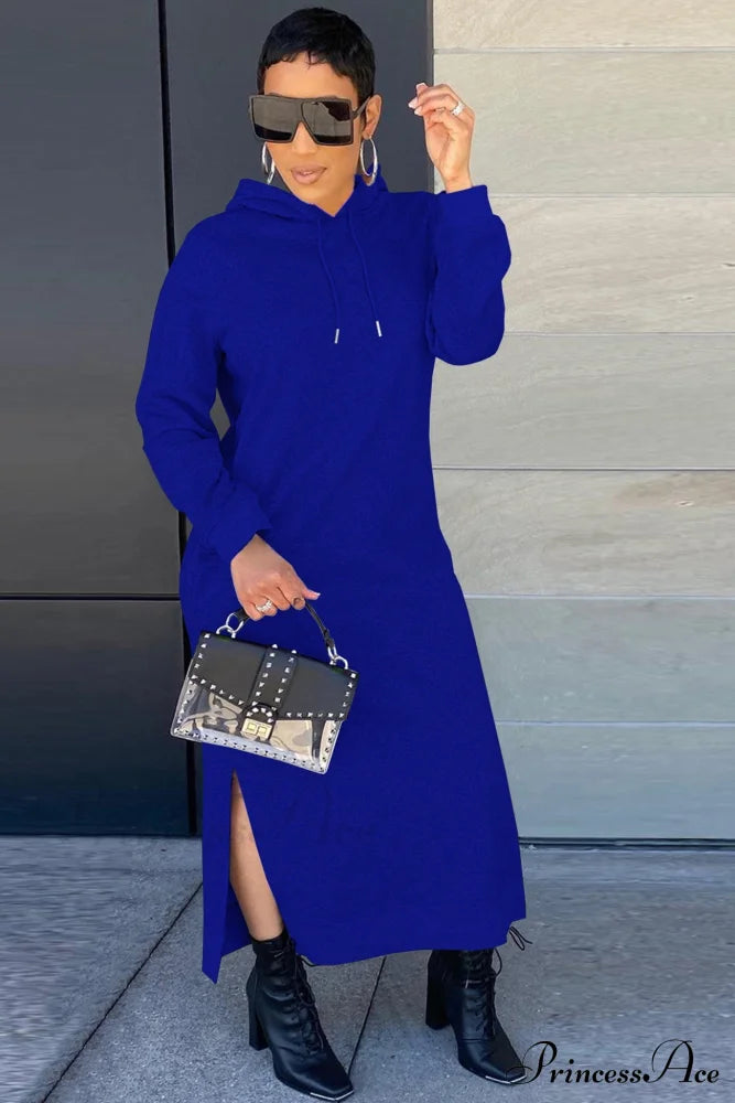 Slit Hem Hoodie Dress Blue / S Midi Dresses