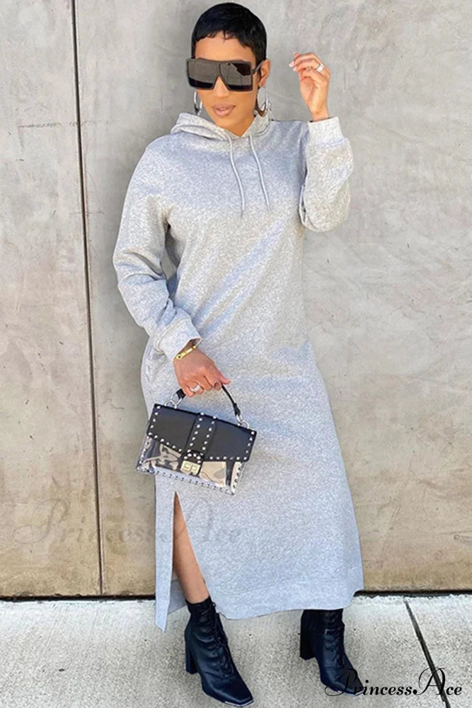 Slit Hem Hoodie Dress Grey / S Midi Dresses