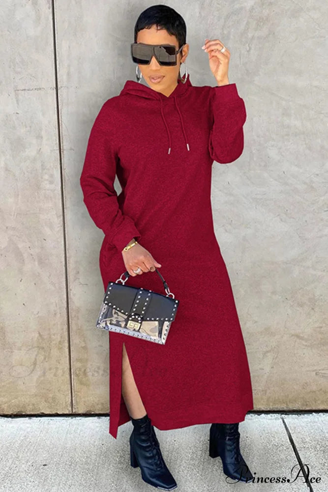 Slit Hem Hoodie Dress Wine Red / S Midi Dresses