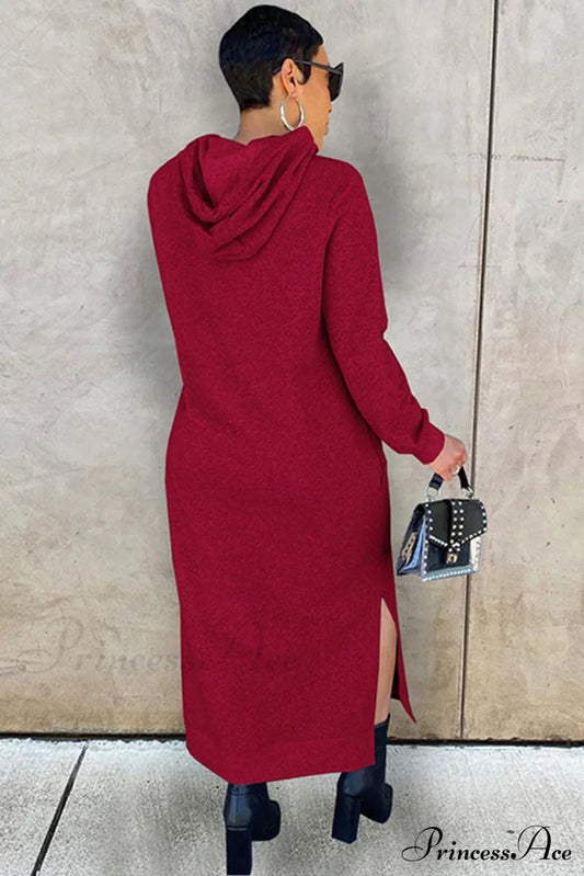 Slit Hem Hoodie Dress Wine Red / Xl Midi Dresses