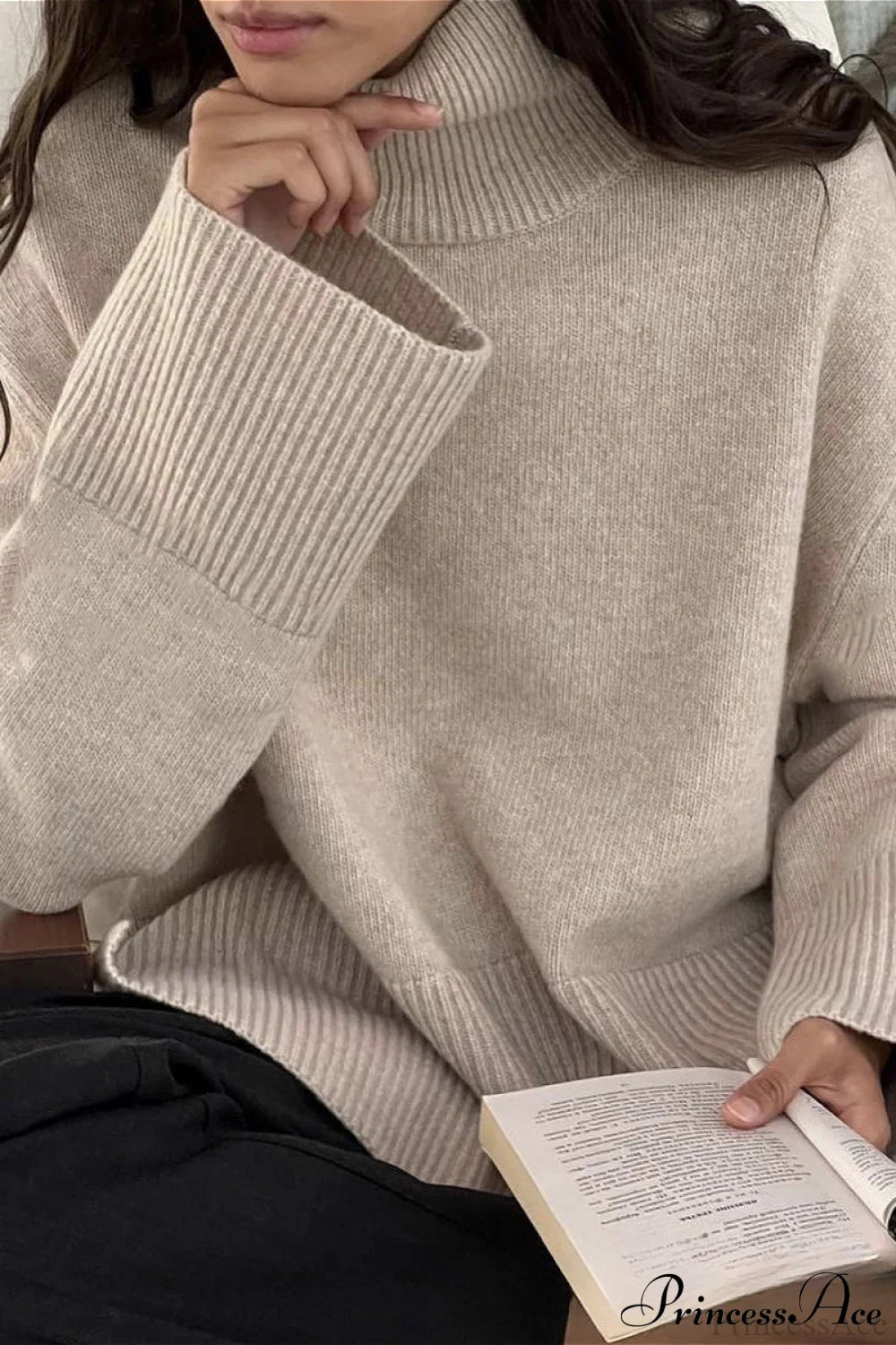 Slit Loose Knit Turtleneck Solid Sweater