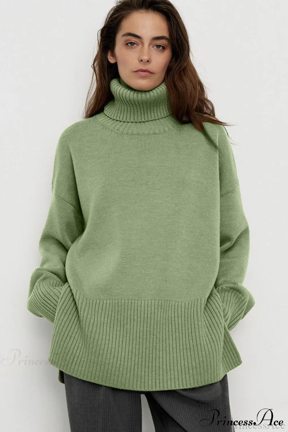 Slit Loose Knit Turtleneck Solid Sweater