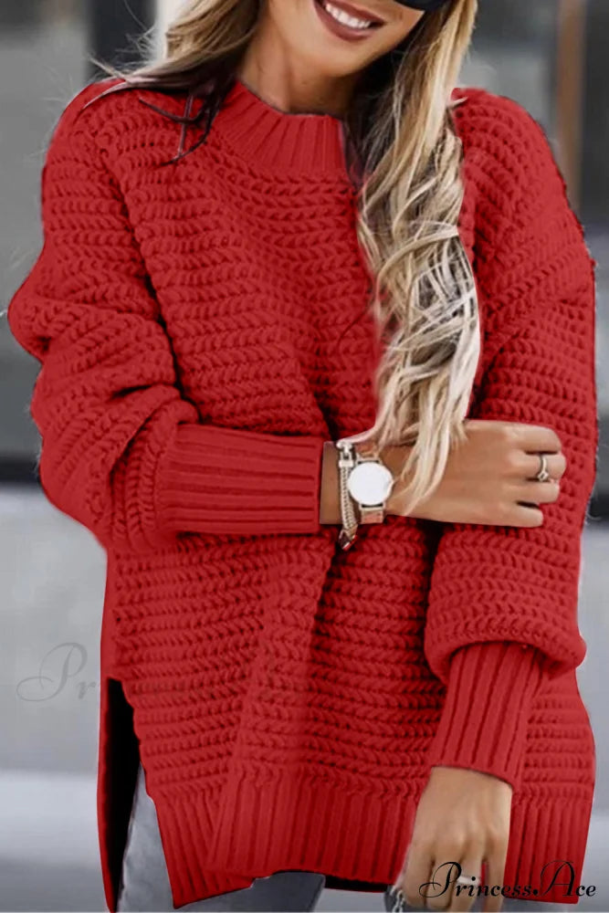 Round Neck Slit Sweater Deep Red clothes long sleeve top Ship From Overseas Shipping Delay 10/01/2023 - 10/02/2023 Sweater sweaters Y*X