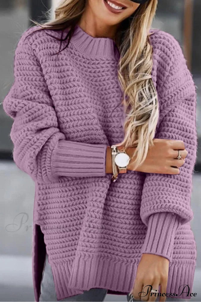 Round Neck Slit Sweater Lilac clothes long sleeve top Ship From Overseas Shipping Delay 10/01/2023 - 10/02/2023 Sweater sweaters Y*X