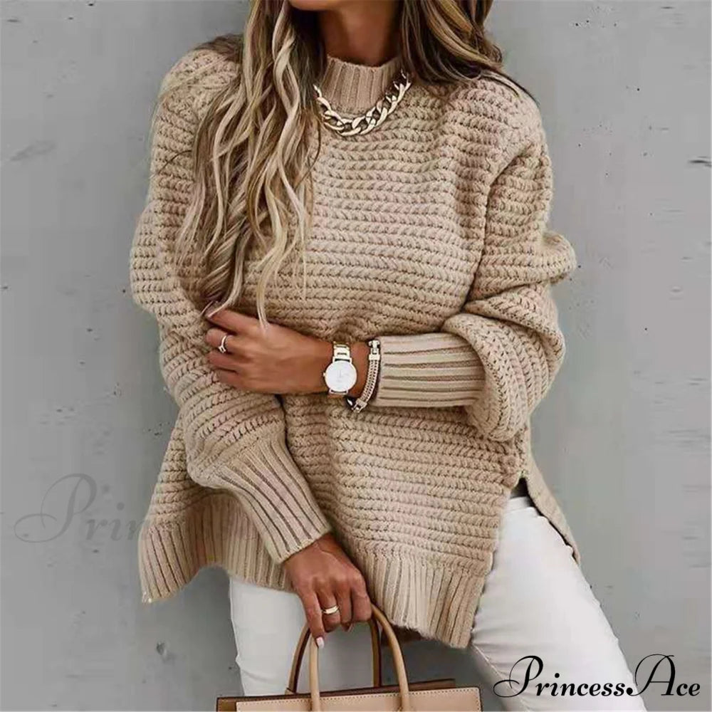 Slit Neck Round Sweater Sweaters-L