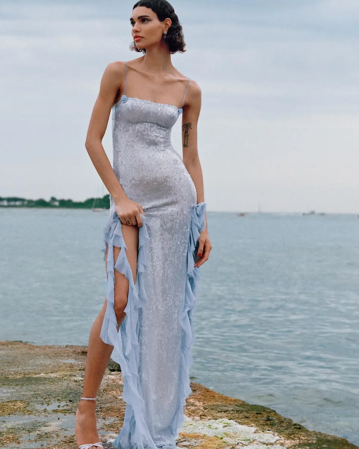 Slit Ruffle Sequin Party Dress Partydress-241208