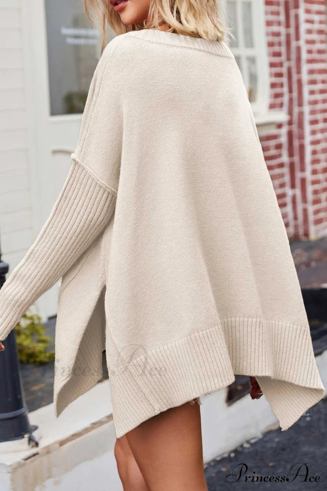 Slit Side Pullover Neck V Sweater Beige / L Sweaters-L