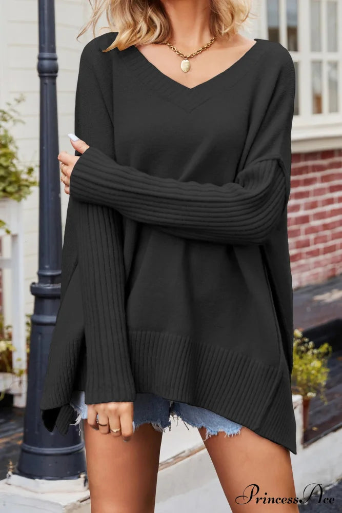 Slit Side Pullover Neck V Sweater Black / L Sweaters-L