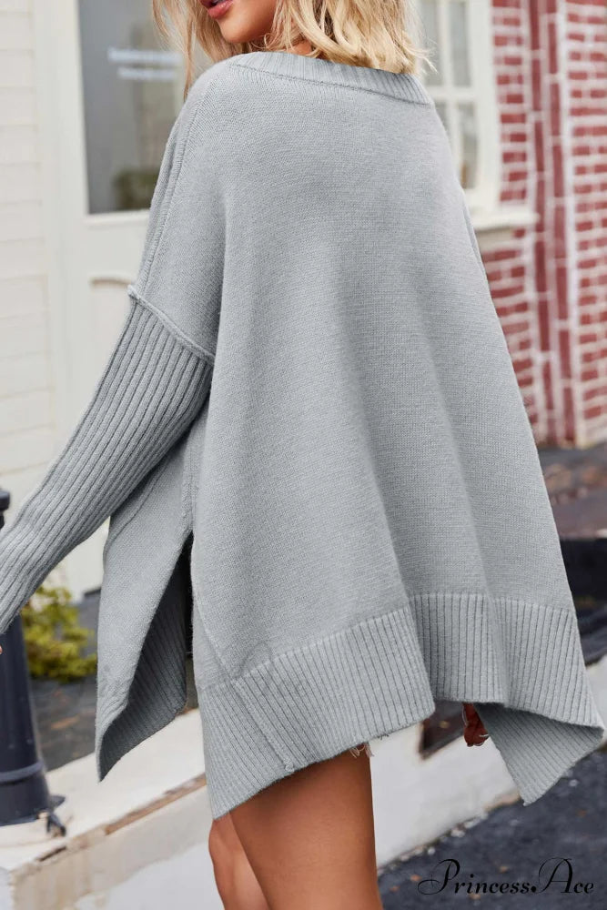 Slit Side Pullover Neck V Sweater Grey / L Sweaters-L