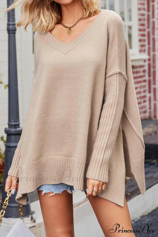 Slit Side Pullover Neck V Sweater Sweaters-L