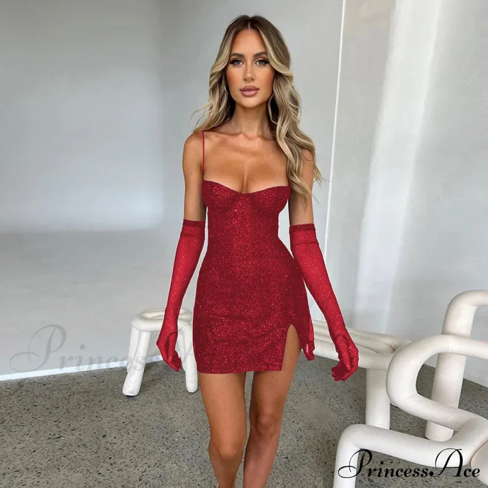 Slit Spaghetti Strap Fashion Mini Dress Red / S