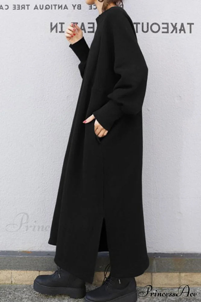 Slit Sweatshirt Dress With Crew Neck Black / 2Xl Midi Dresses