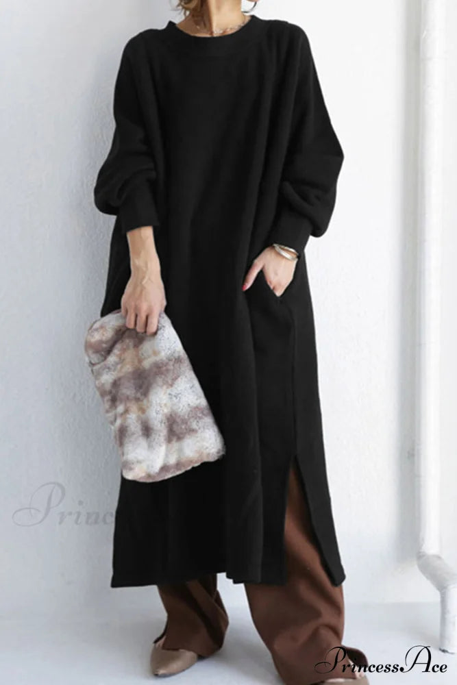 Slit Sweatshirt Dress With Crew Neck Black / S Midi Dresses