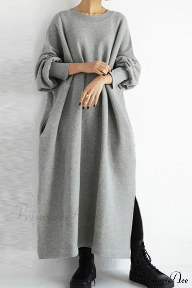 Slit Sweatshirt Dress With Crew Neck Grey / S Midi Dresses