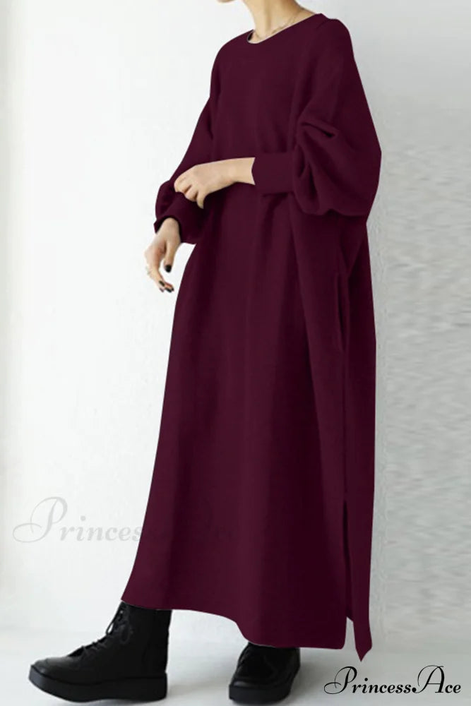 Slit Sweatshirt Dress With Crew Neck Wine Red / 2Xl Midi Dresses