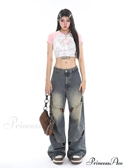 Small Crowd Deconstruction Design Sense High Street Wide Leg Trendy Brand Women’s Jean