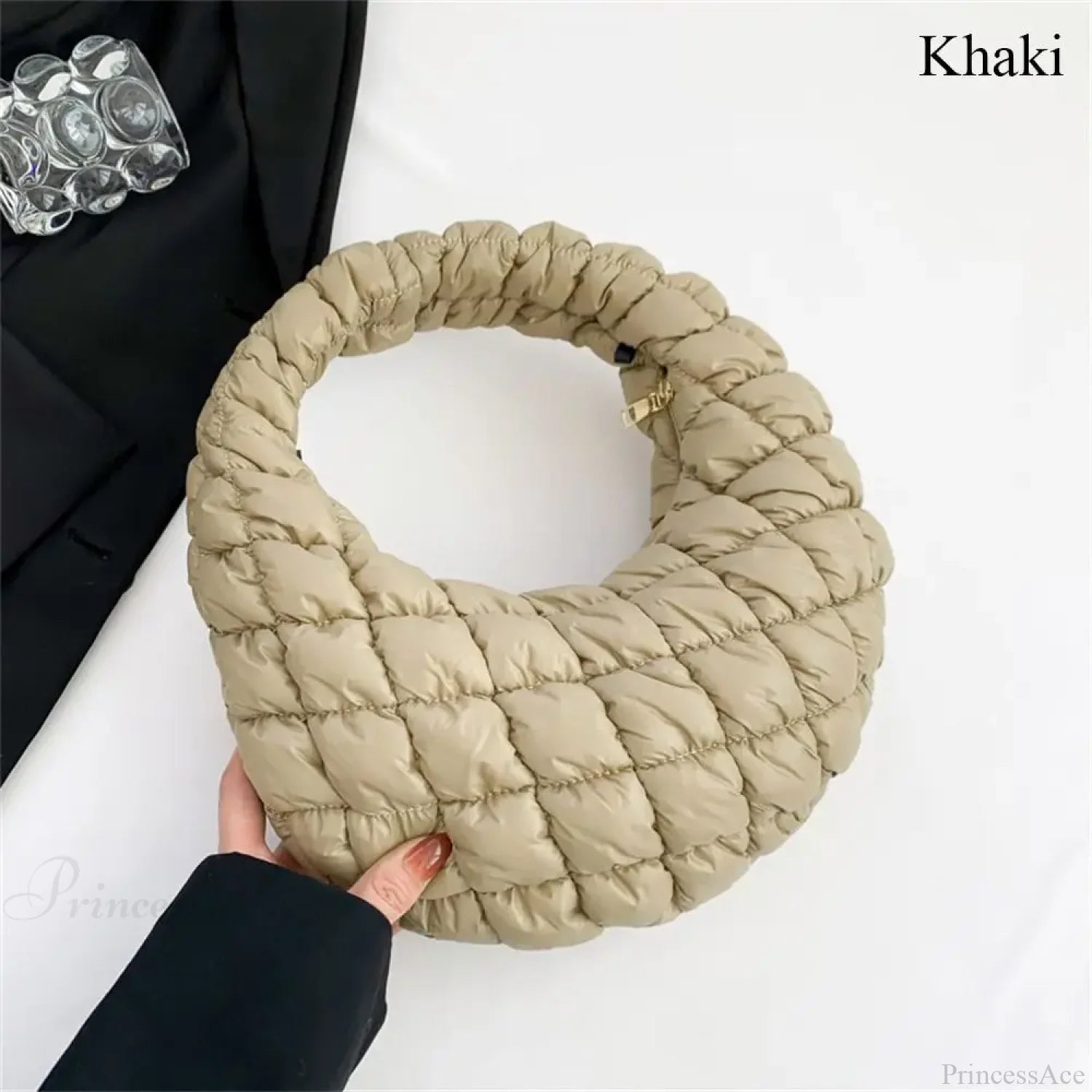 Small Quilted Tote Cotton Padded Shoulder Handbag khaki handbag-250126