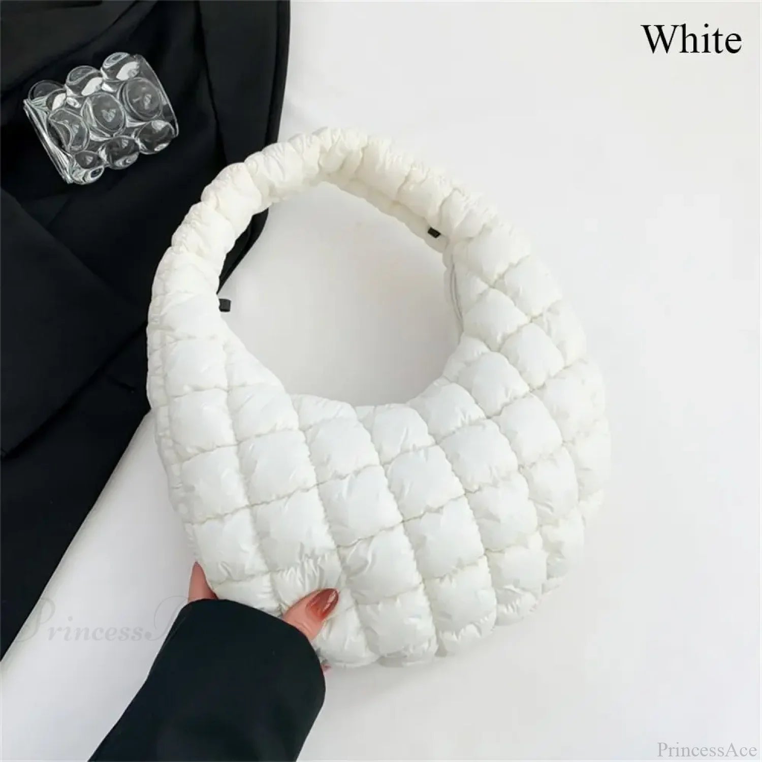 Small Quilted Tote Cotton Padded Shoulder Handbag White handbag-250126