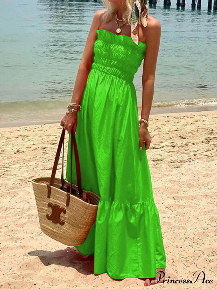 Smocked Bust Off Charming Shoulder Vacation Maxi Dress Green / S Dresses