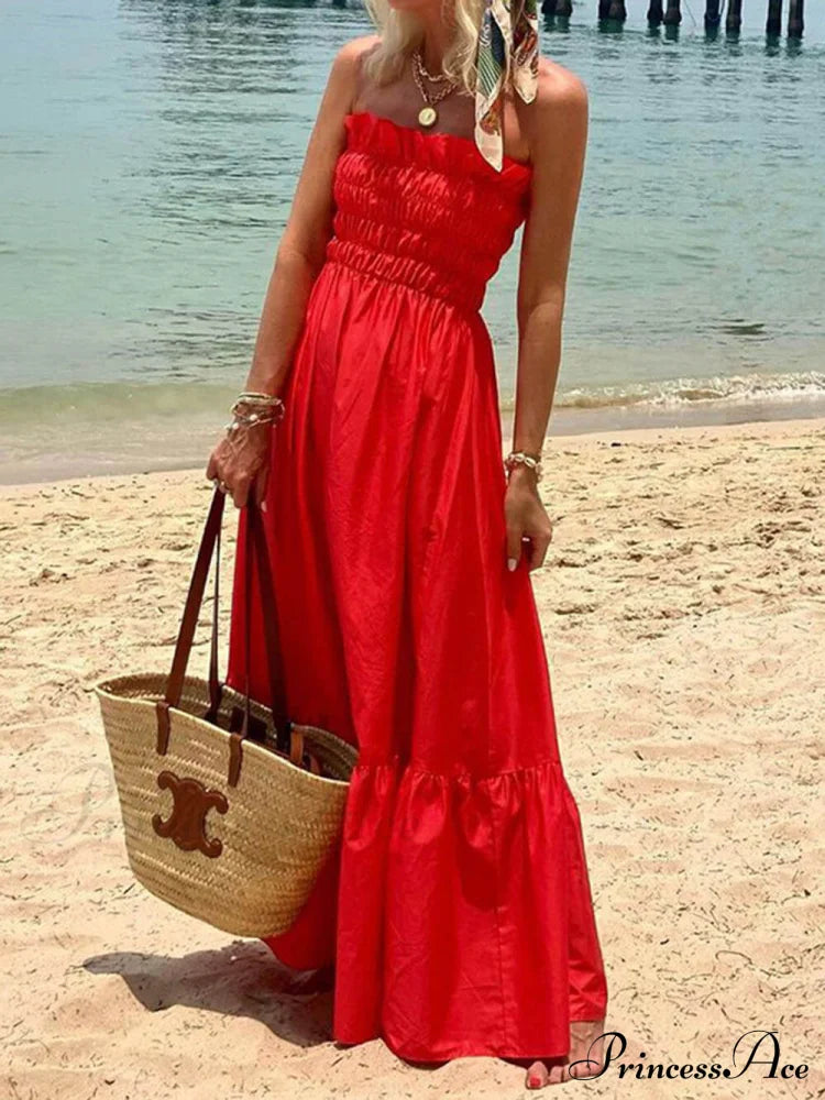 Smocked Bust Off Charming Shoulder Vacation Maxi Dress Red / S Dresses