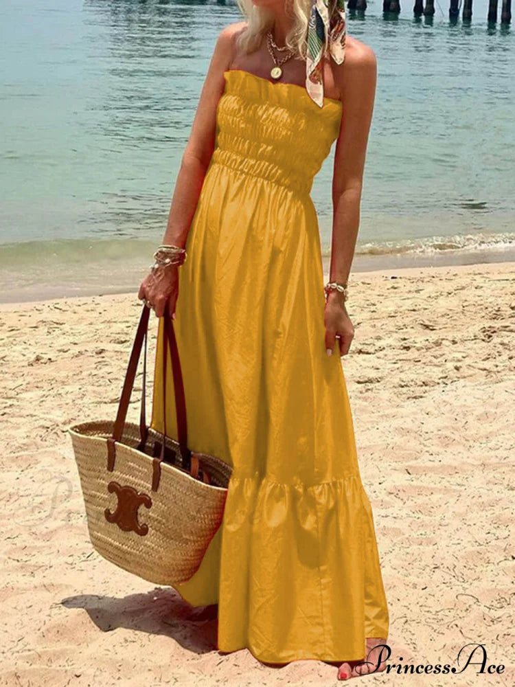 Smocked Bust Off Charming Shoulder Vacation Maxi Dress Yellow / S Dresses