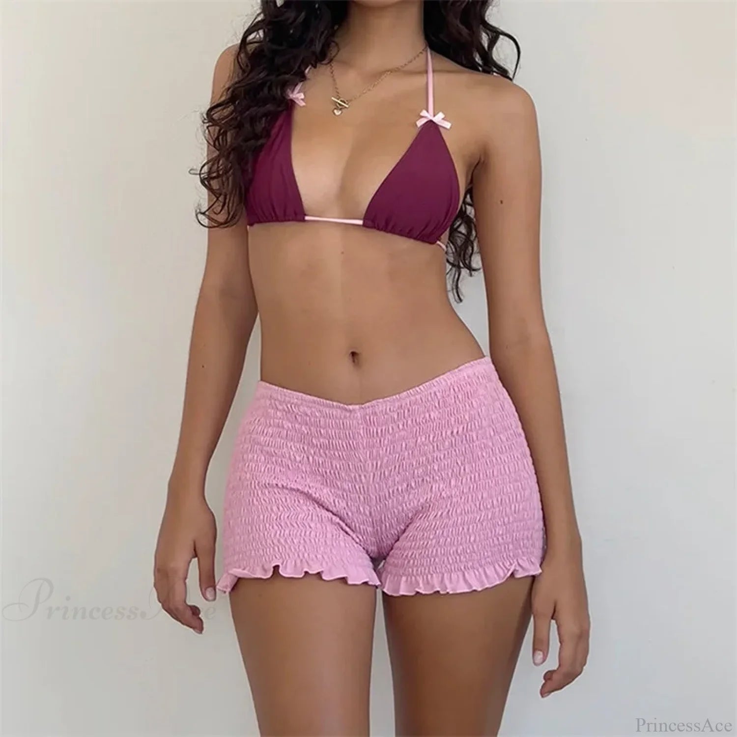 Smocked Ruffled Elastic Waist Short Pink / S short-250223