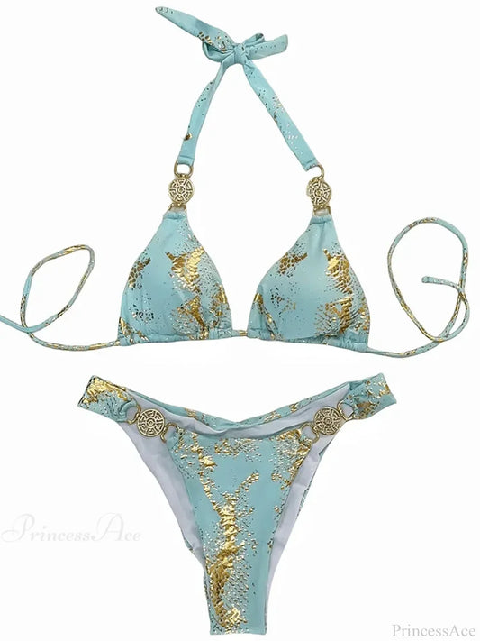 Snake Print Scrunch Butt Diamond Bikini Set skyBlue / S