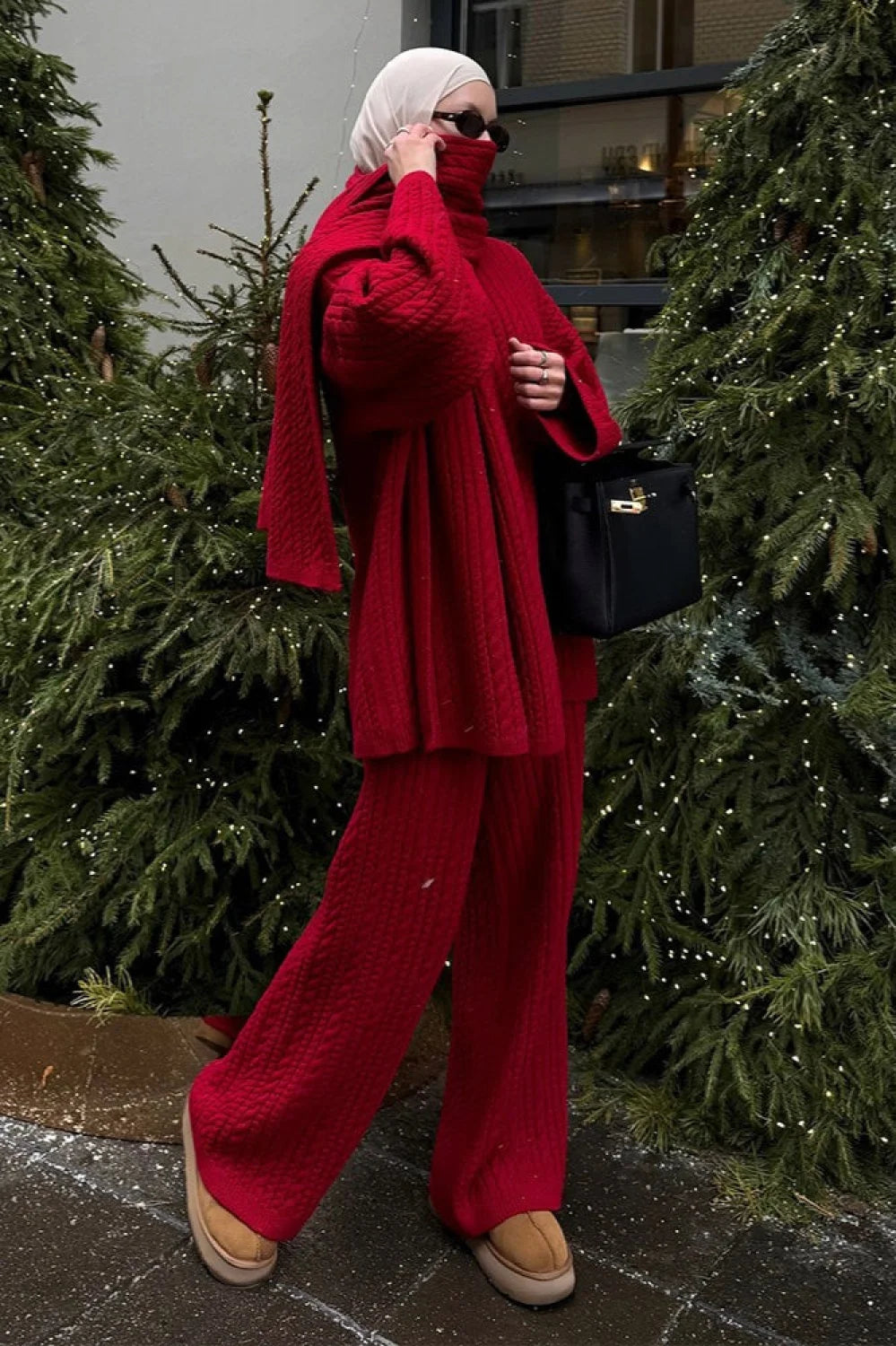 Soft Cable Knit Sweater Pants Two Piece Set Red / S