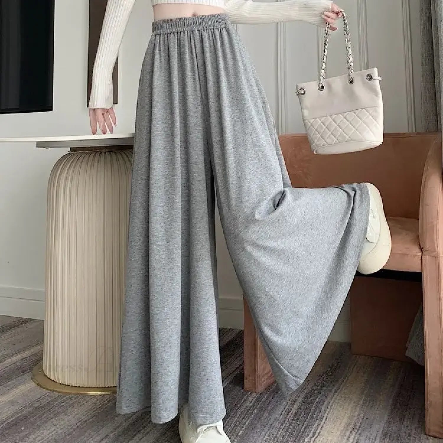 Soft High Waist Casual Wide Leg Pants Light gray / M