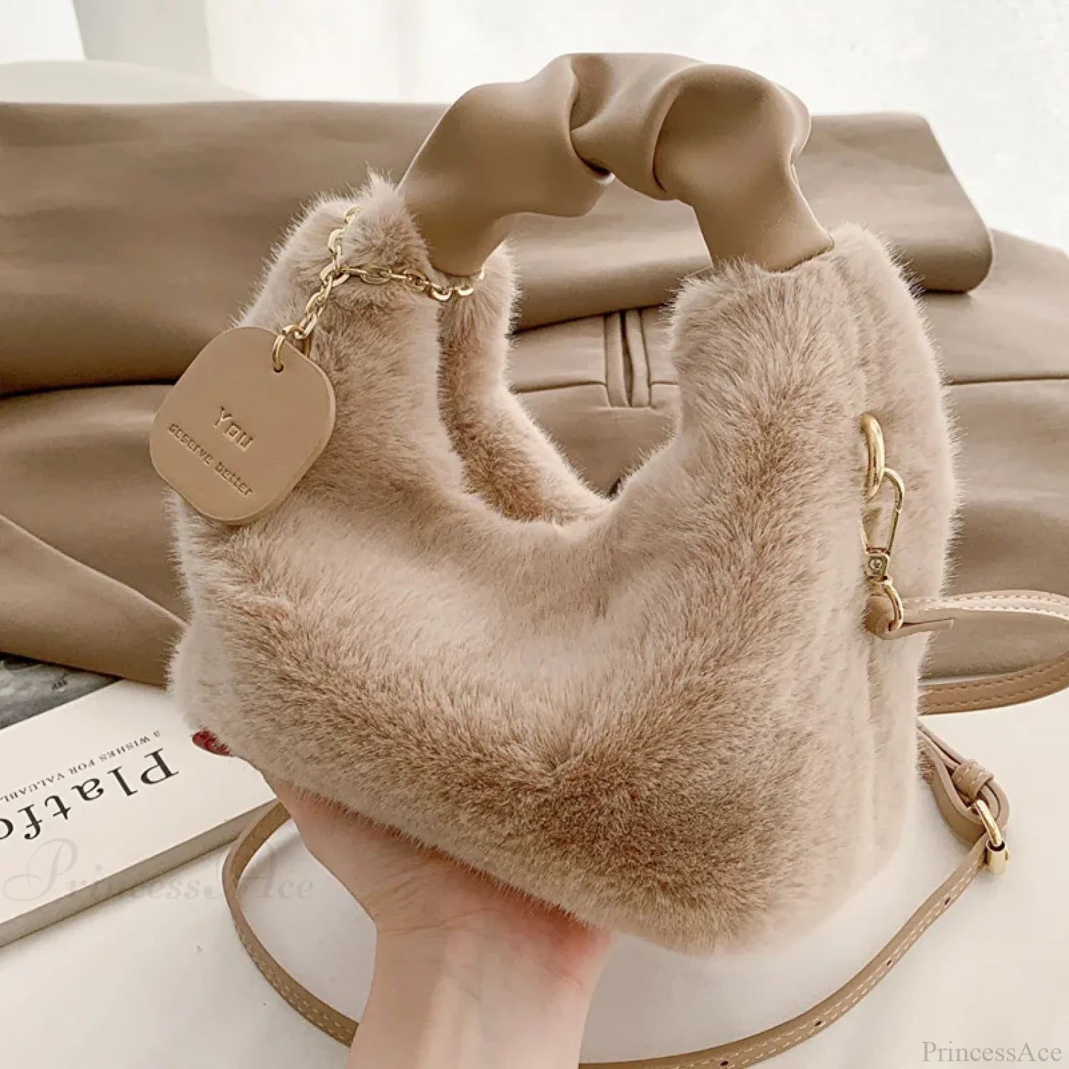 Soft Plush Simple Crossbody Handbag Women’s Bag khaki handbag-250126
