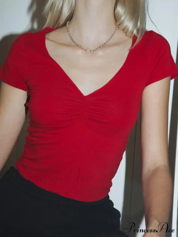 Soft Stretchy Fitted V-Neck Tee Seam Bust Crop Top