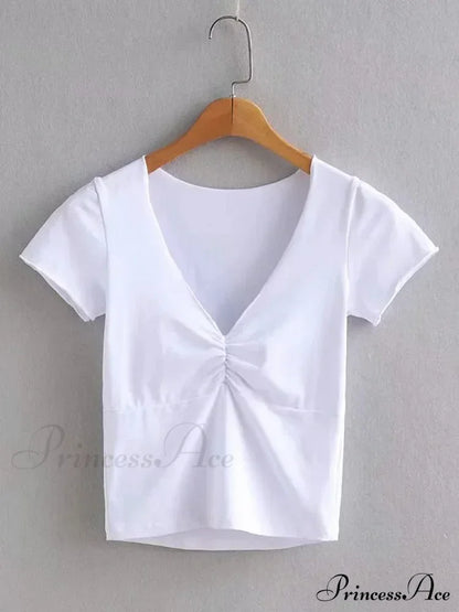 Soft Stretchy Fitted V-Neck Tee Seam Bust Crop Top