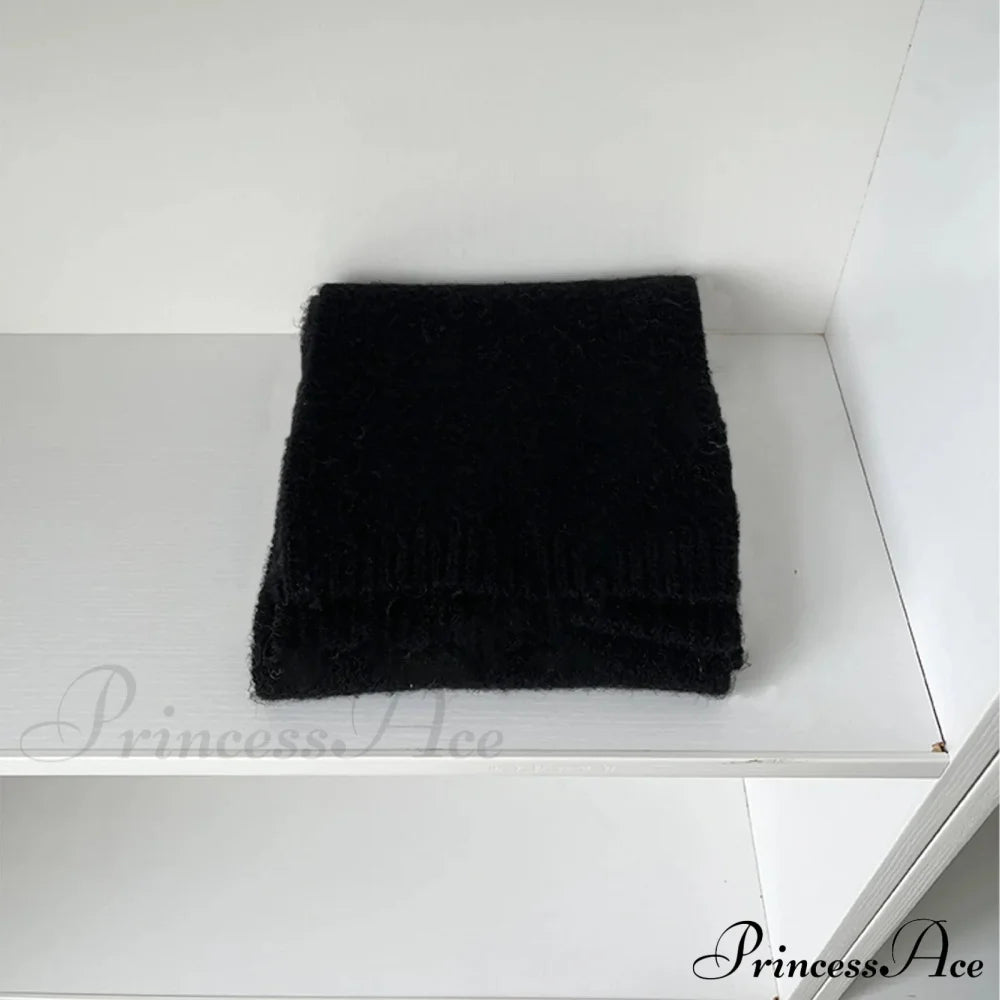 Soft Wool Blend Solid Color Winter Scarf Black / L157Cm W22Cm Scarfs-L