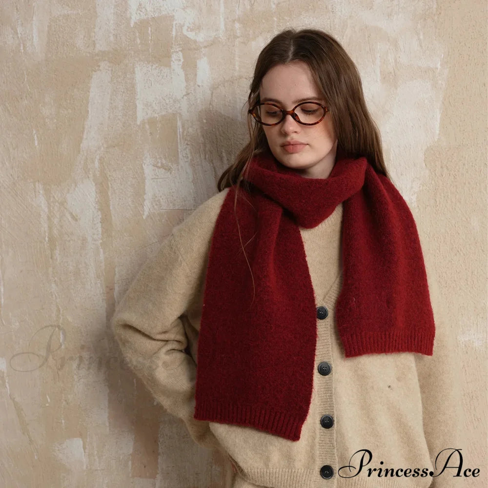 Soft Wool Blend Solid Color Winter Scarf Wine Red / L157Cm W22Cm Scarfs-L