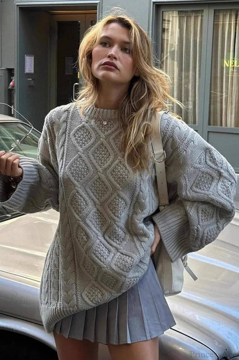 Solid 3D Chunky Cable Argyle Crewneck Loose Sweater