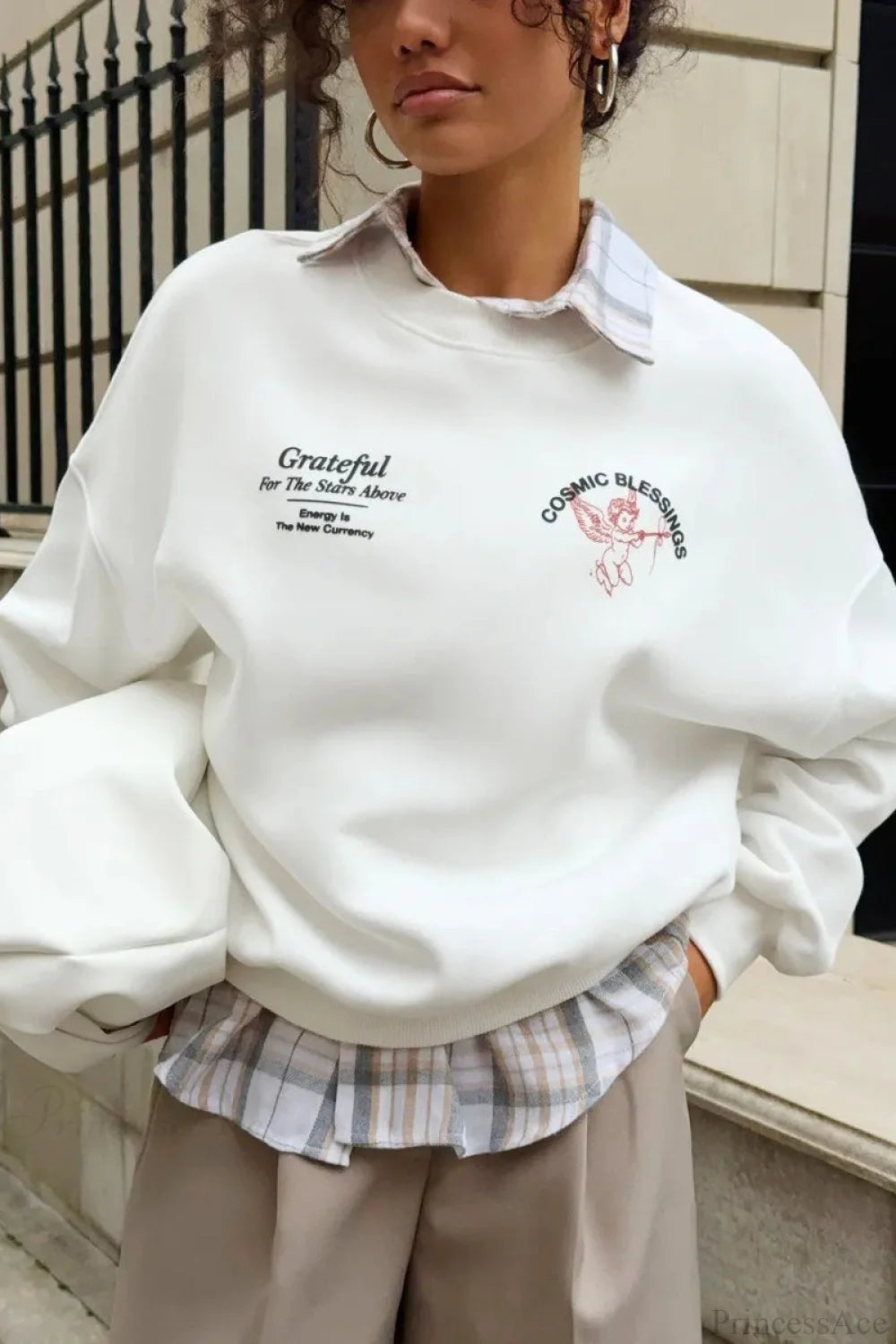 Solid Angel Print Thickened Crew Neck Sweatshirts