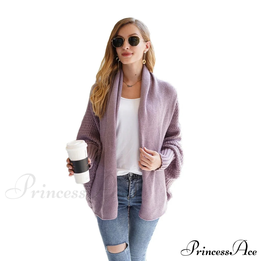 Solid Batwing Sleeve Loose-Fitting Long Knitted Cardigan Sweater Purple / One Size