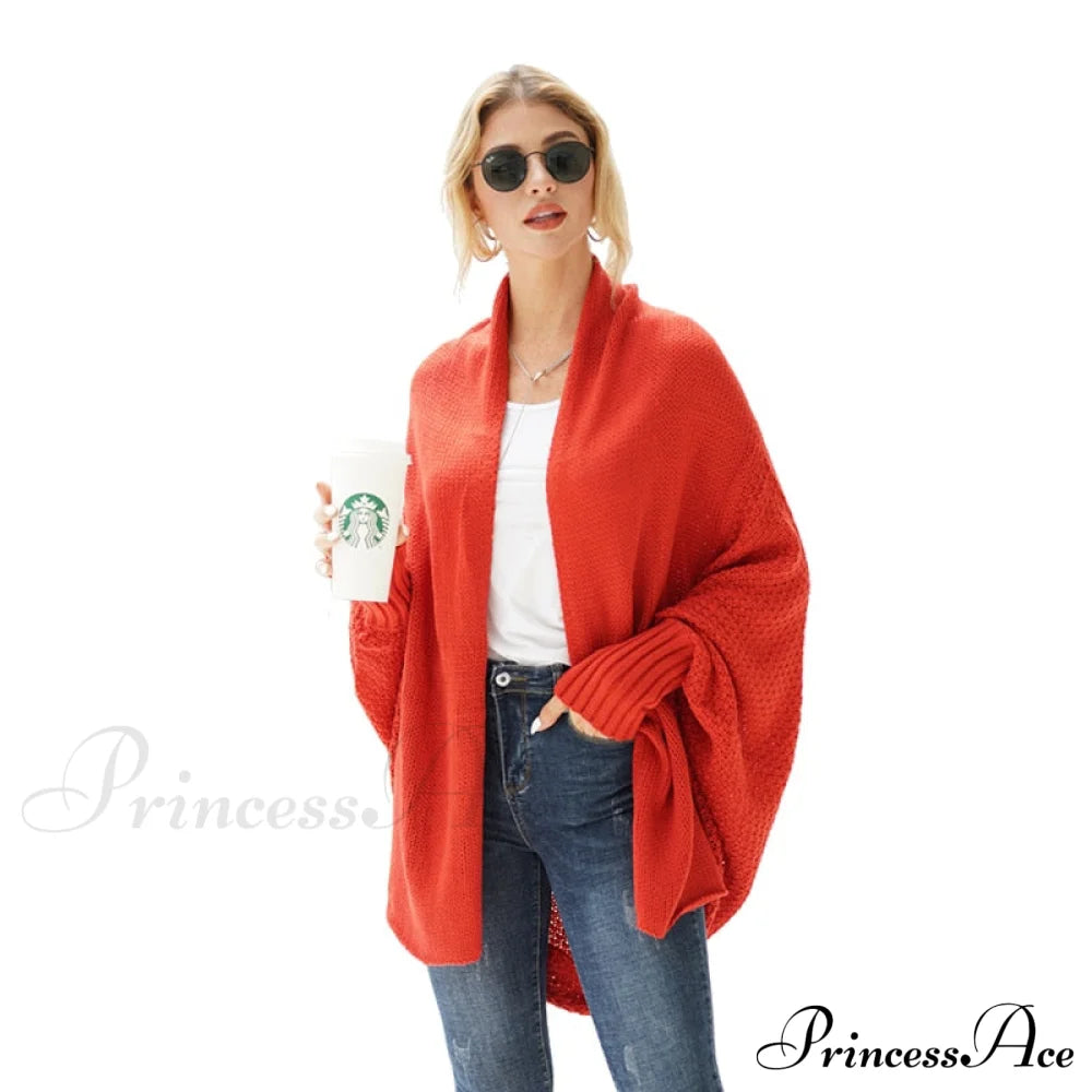 Solid Batwing Sleeve Loose-Fitting Long Knitted Cardigan Sweater Rust Red / One Size