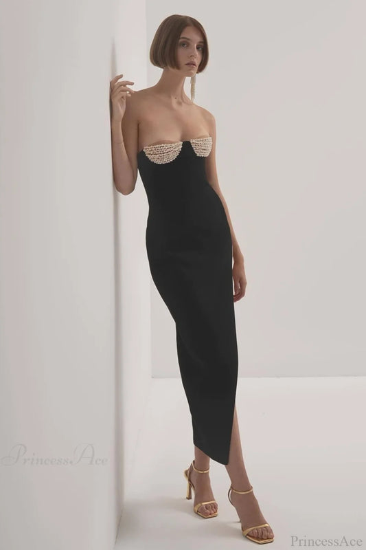 Solid Black Pearl-Cup Stretchy Bodycon Wedding Dress Black / XS