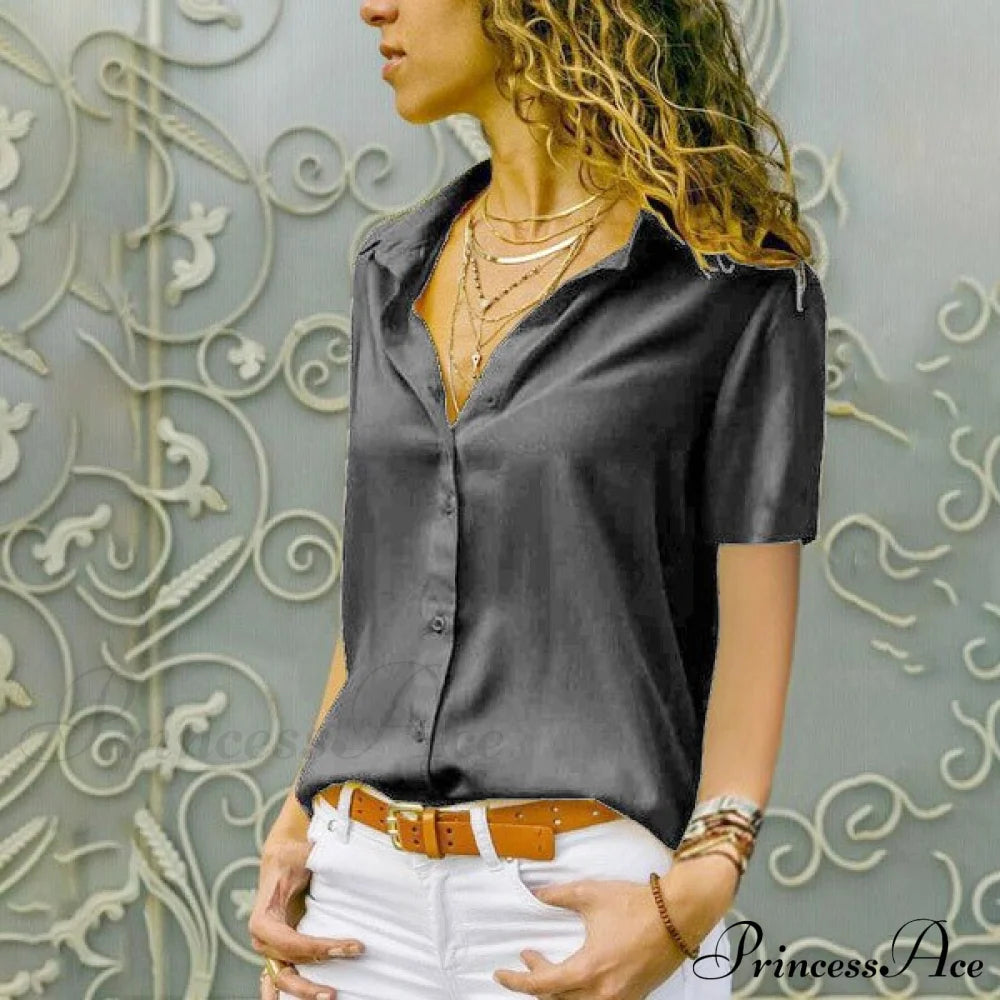 Solid Black V-Neck Chiffon Button Blouse Gray / S