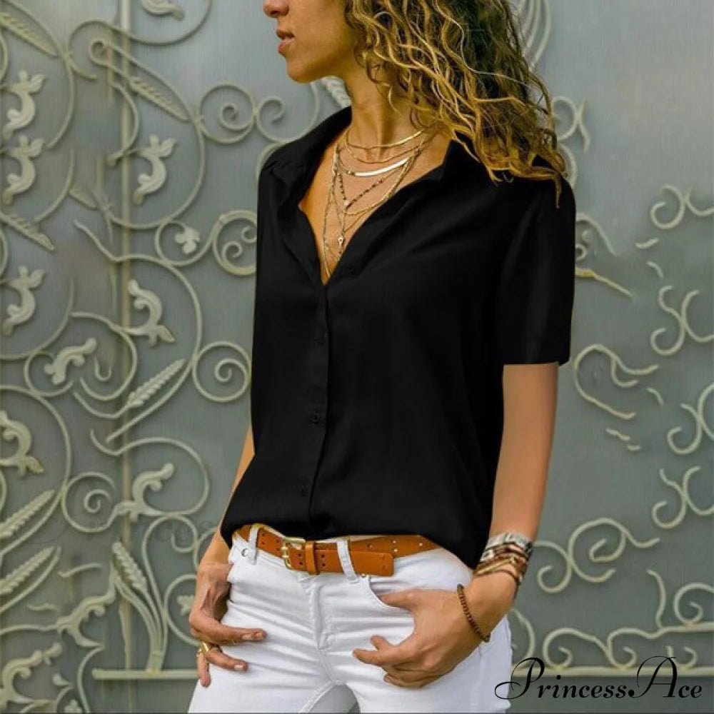 Solid Black V-Neck Chiffon Button Blouse Black / S