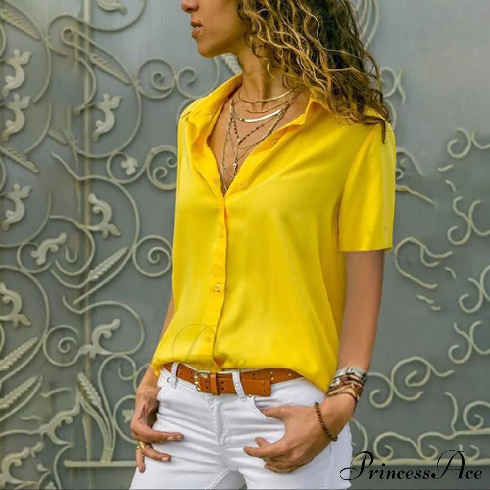 Solid Black V-Neck Chiffon Button Blouse Yellow / S