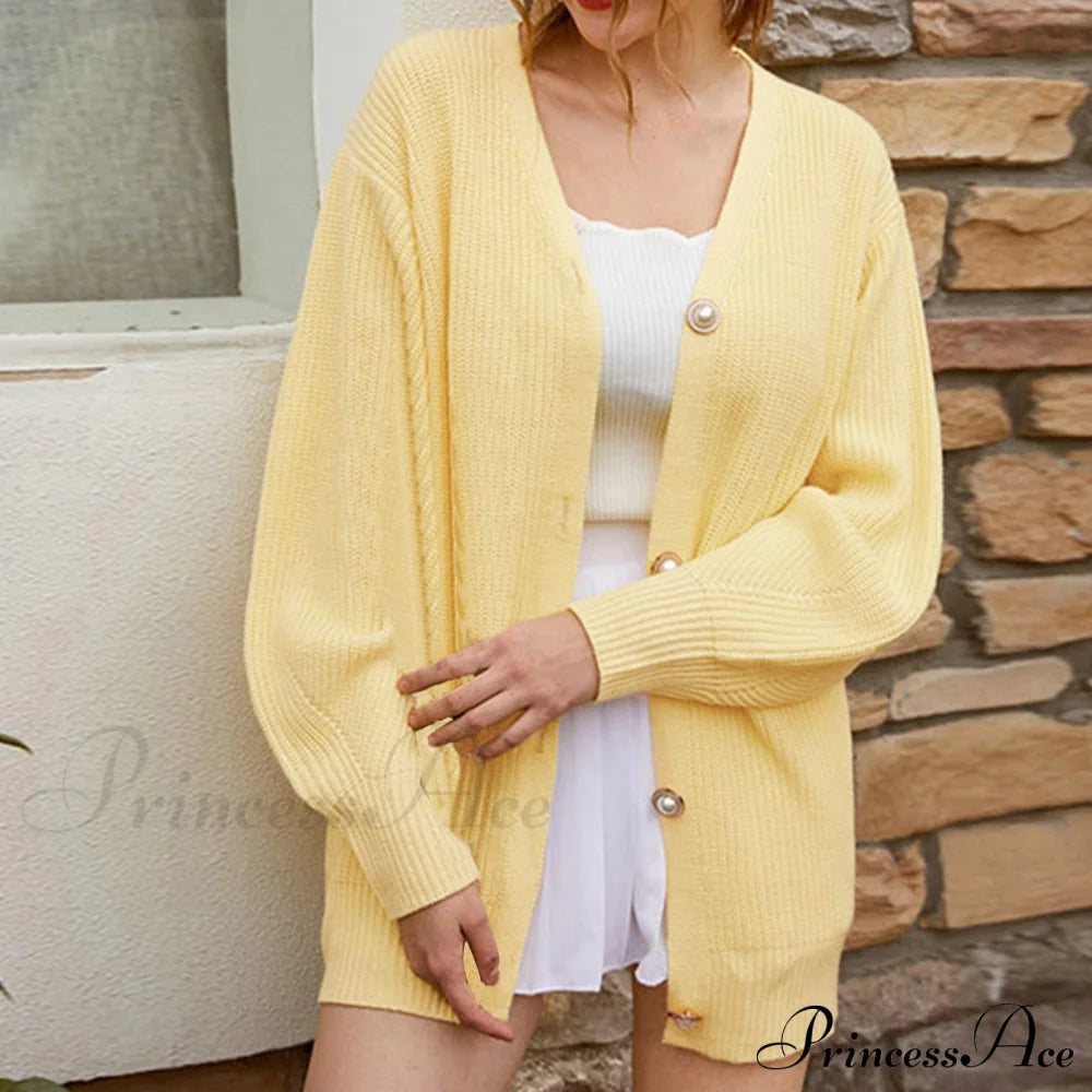 Solid Casual Cardigan Womens Cotton Sweaters Yellow / S