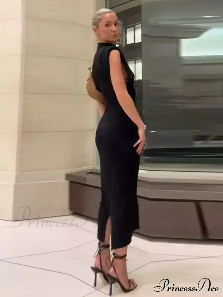 Solid Chic High Waisted Sexy Rear Split Office Lady Commuting Midi Dress