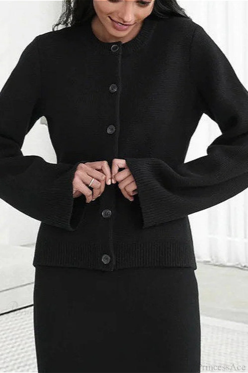 Solid Cinched Waist Elegant Minimal Cardigan Sweater Black / S